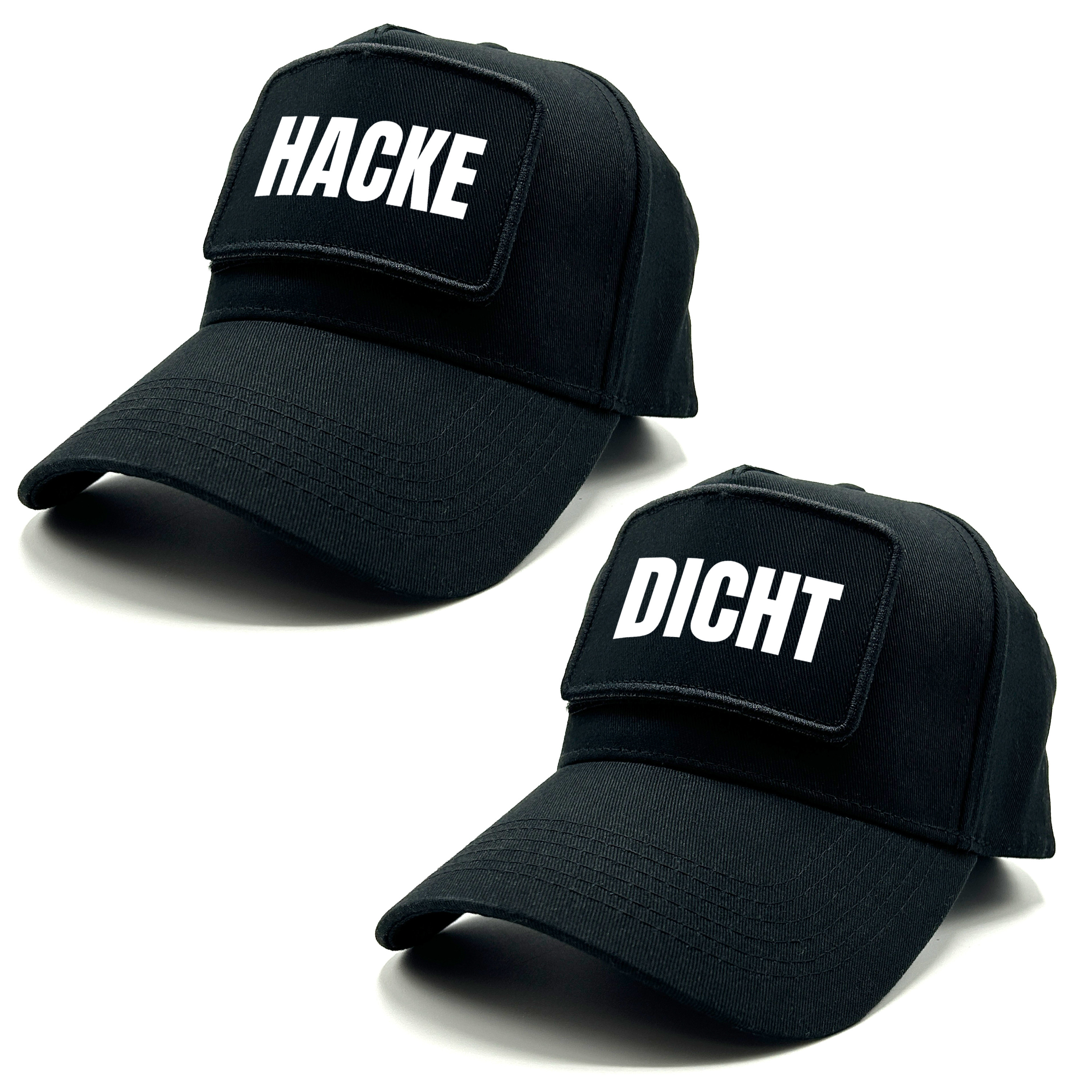 2er Set Baseball Caps mit Spruch auf Patch | HACKE DICHT | Farbwahl | Unisex Baseball Mützen | hochwertiger Druck | OneSize durch verstellbaren Klipp-Verschluss |