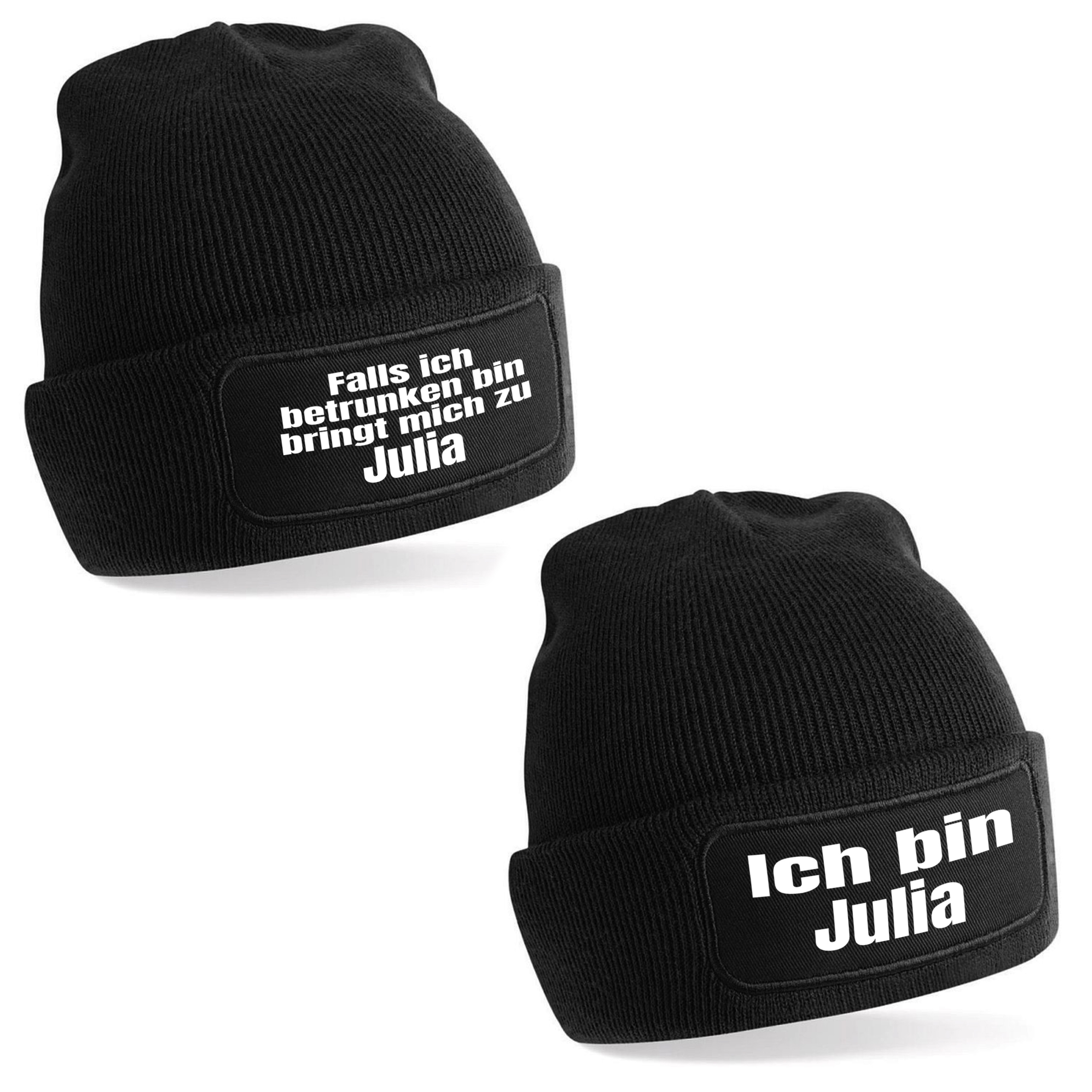 personalisiertes 2er Set Beanie Strickmützen mit Spruch und Wunschname | Falls ich betrunken bin | Farbwahl | Unisex SoftTouch angenehm weiche und warme Wintermütze | OneSize Einheitsgröße für Erwachsene