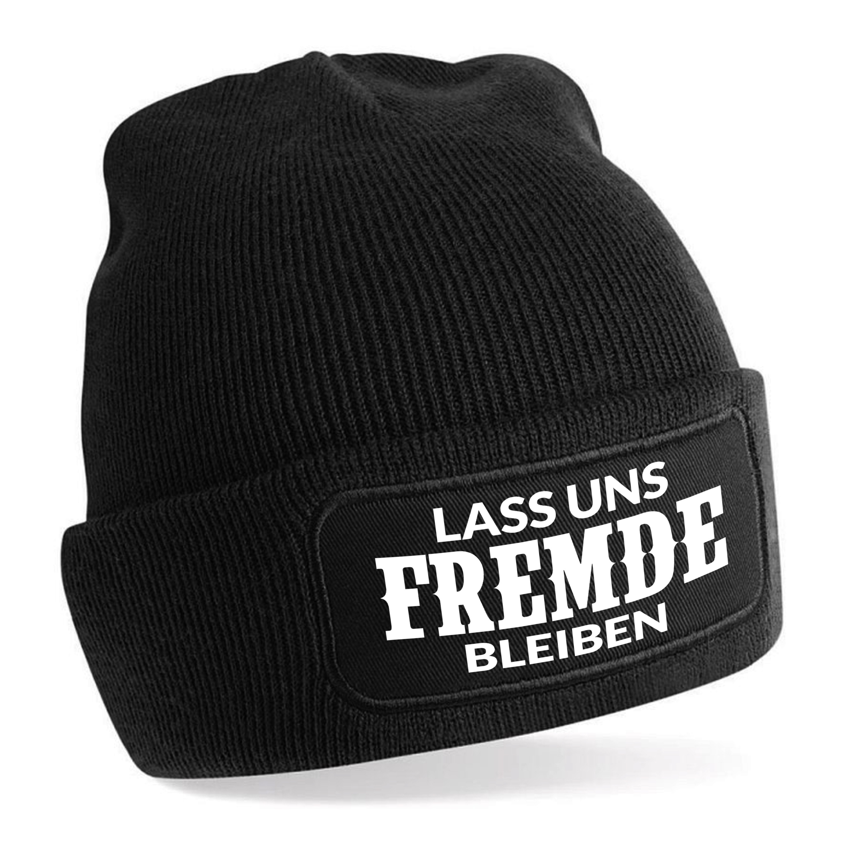 Beanie Strickmütze mit Spruch | Lass uns Fremde bleiben | Farbwahl | Unisex SoftTouch angenehm weiche und warme Wintermütze | OneSize Einheitsgröße für Erwachsene