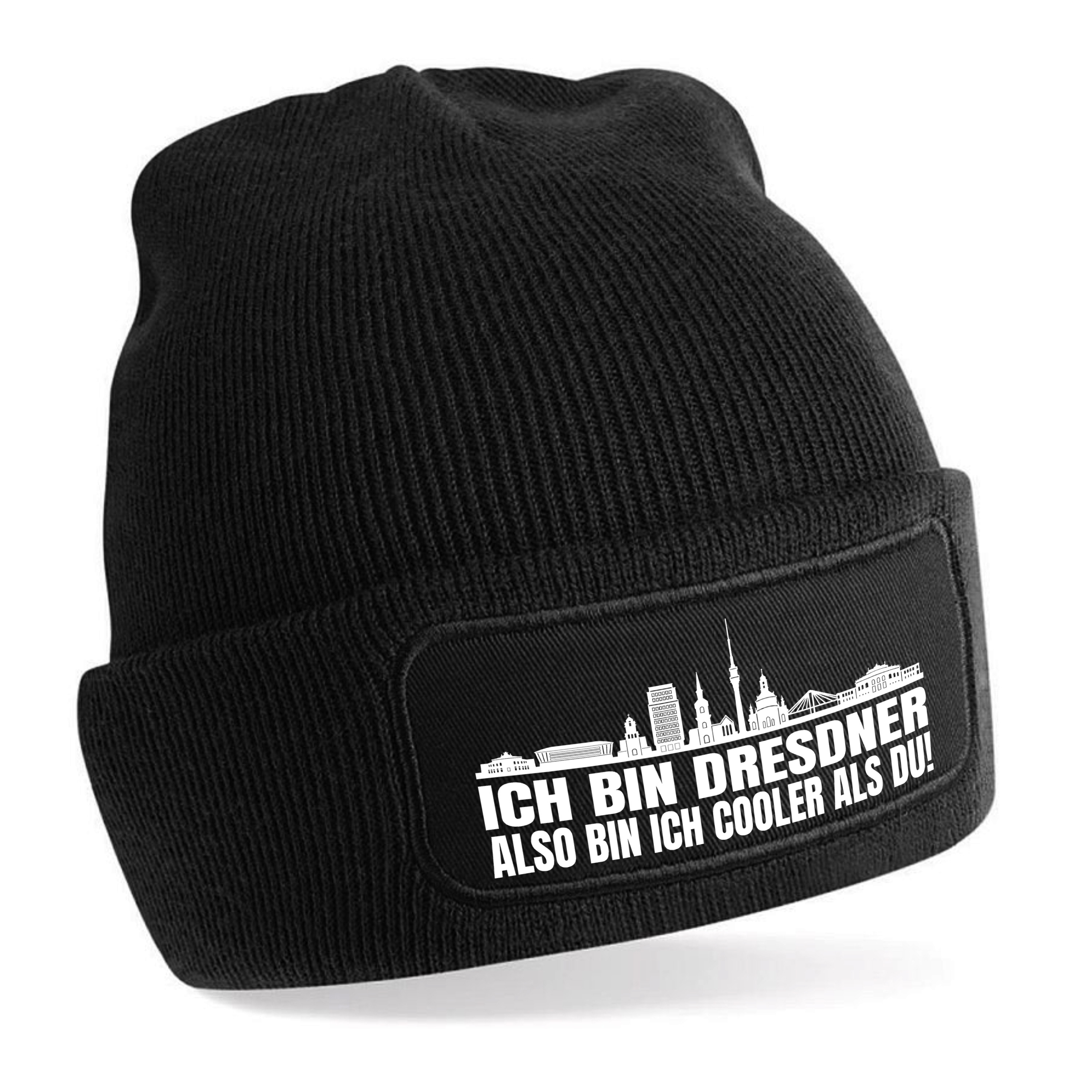 Beanie Strickmütze mit Spruch | Ich bin Dresdner also bin ich cooler als du! | Farbwahl | weiche und warme Fußball Mütze für Dresden | Skyline | SoftTouch Einheitsgröße für Erwachsene