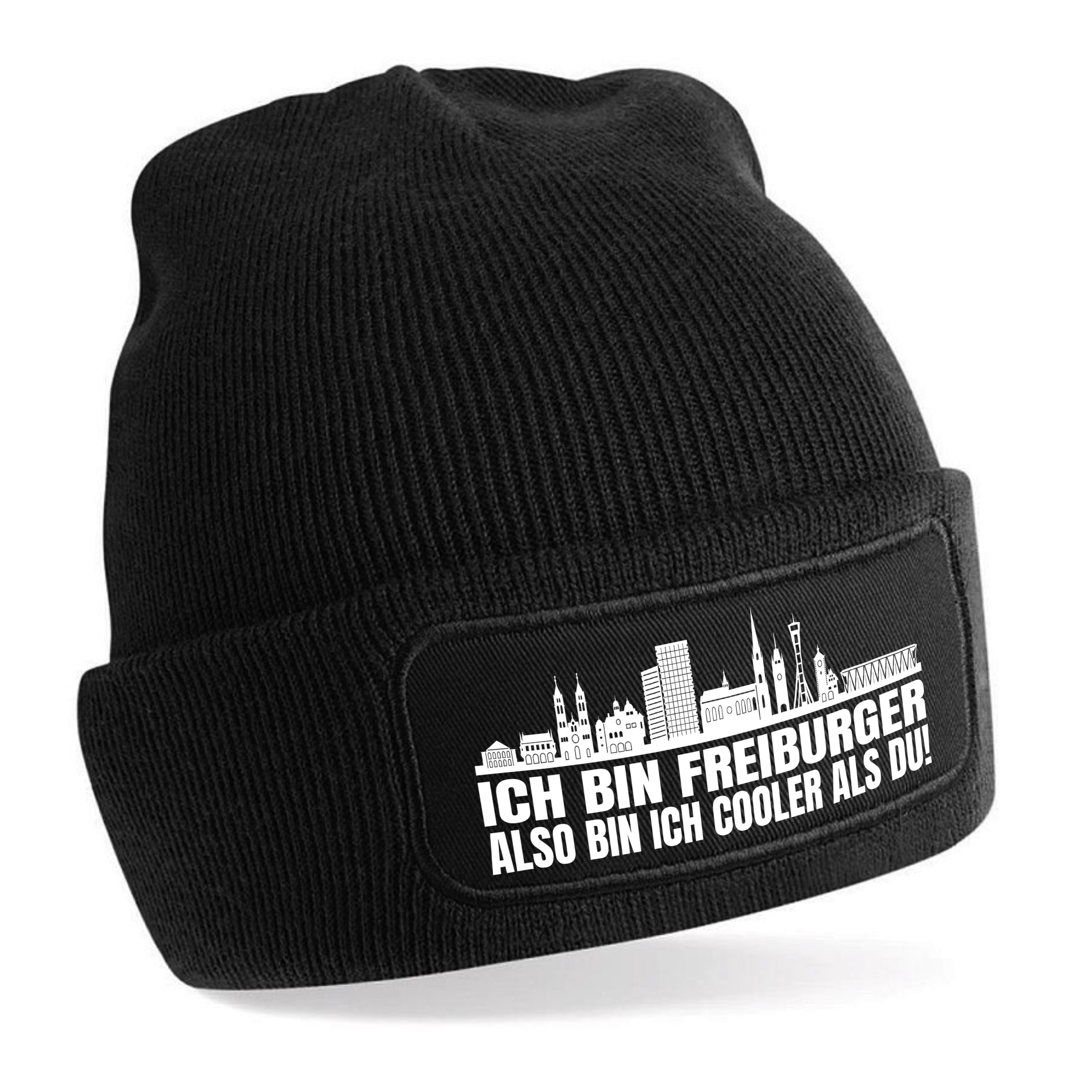 Beanie Strickmütze mit Spruch | Ich bin Freiburger also bin ich cooler als du! | Farbwahl | weiche und warme Fußball Mütze für Freiburg Fan | Skyline | SoftTouch Einheitsgröße für Erwachsene