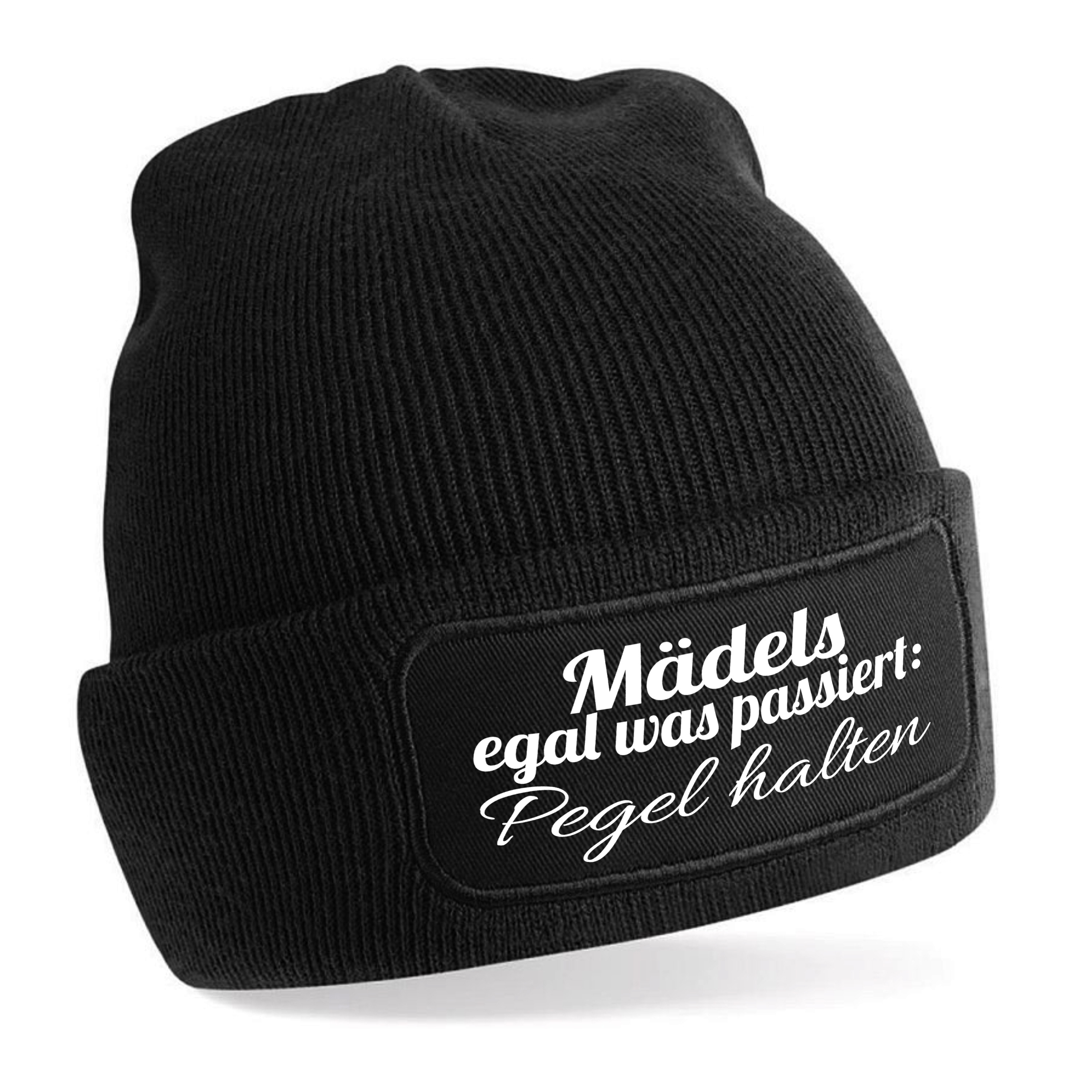 Beanie Strickmütze mit Spruch | Mädels egal was passiert: Pegel halten | Farbwahl | Unisex SoftTouch angenehm weiche und warme Wintermütze | OneSize Einheitsgröße für Erwachsene