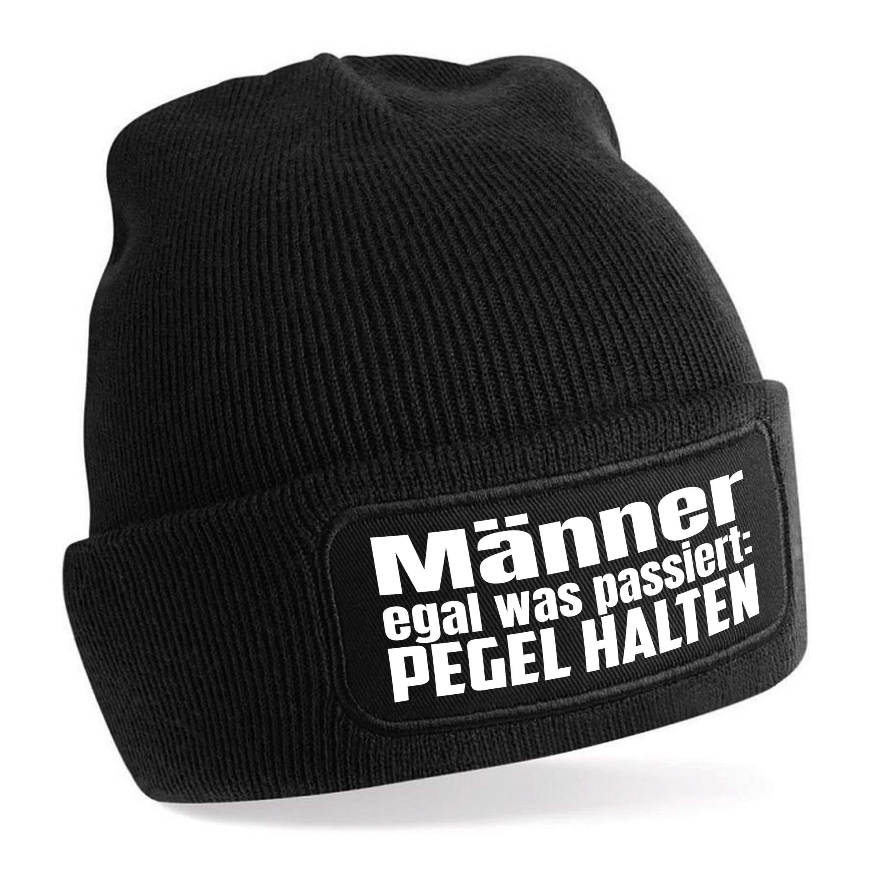 Beanie Strickmütze mit Spruch | Männer egal was passiert: Pegel halten | Farbwahl | Unisex SoftTouch angenehm weiche und warme Wintermütze | OneSize Einheitsgröße für Erwachsene