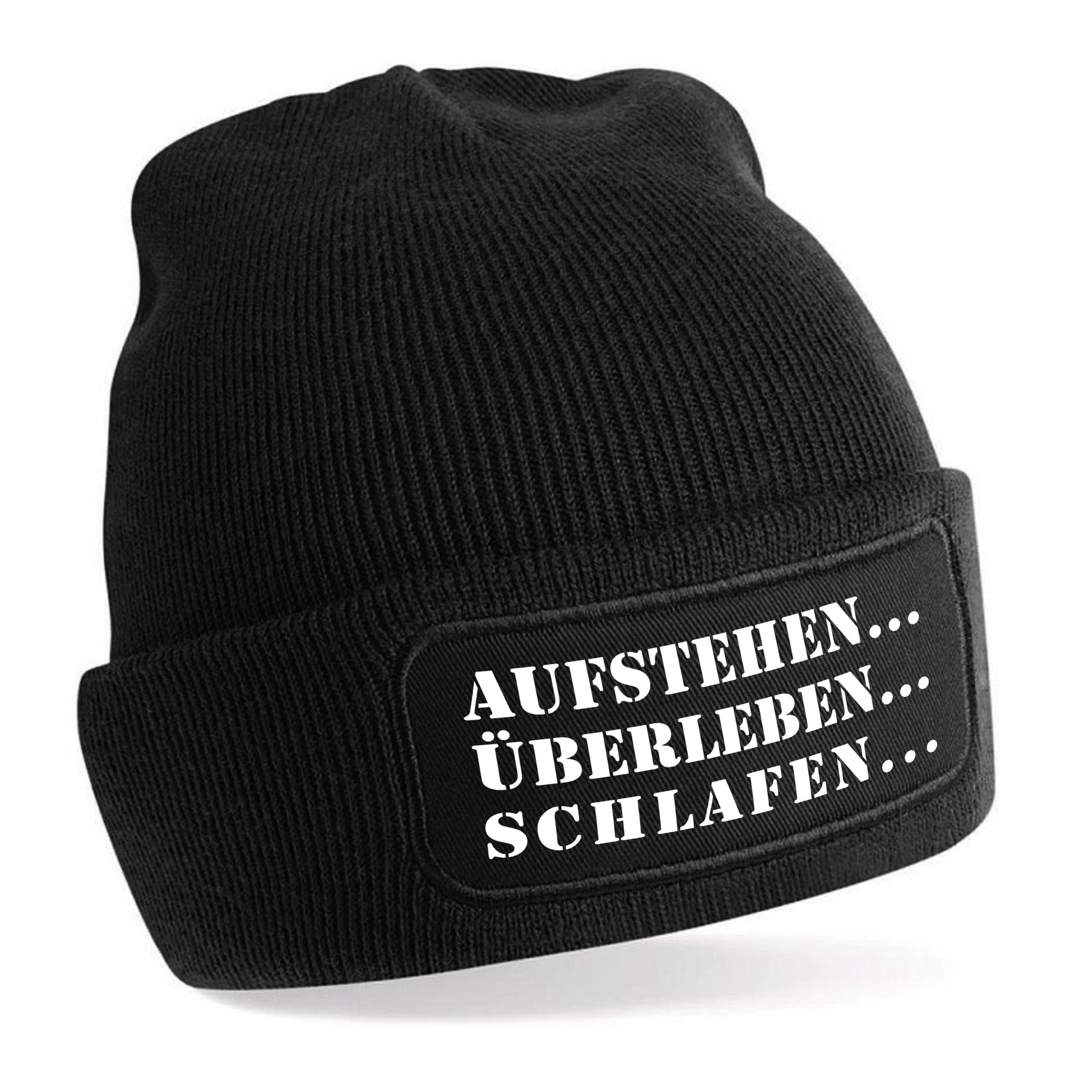 Beanie Strickmütze mit Spruch | Aufstehen Überleben Schlafen | Farbwahl | Unisex SoftTouch angenehm weiche und warme Wintermütze | OneSize Einheitsgröße für Erwachsene