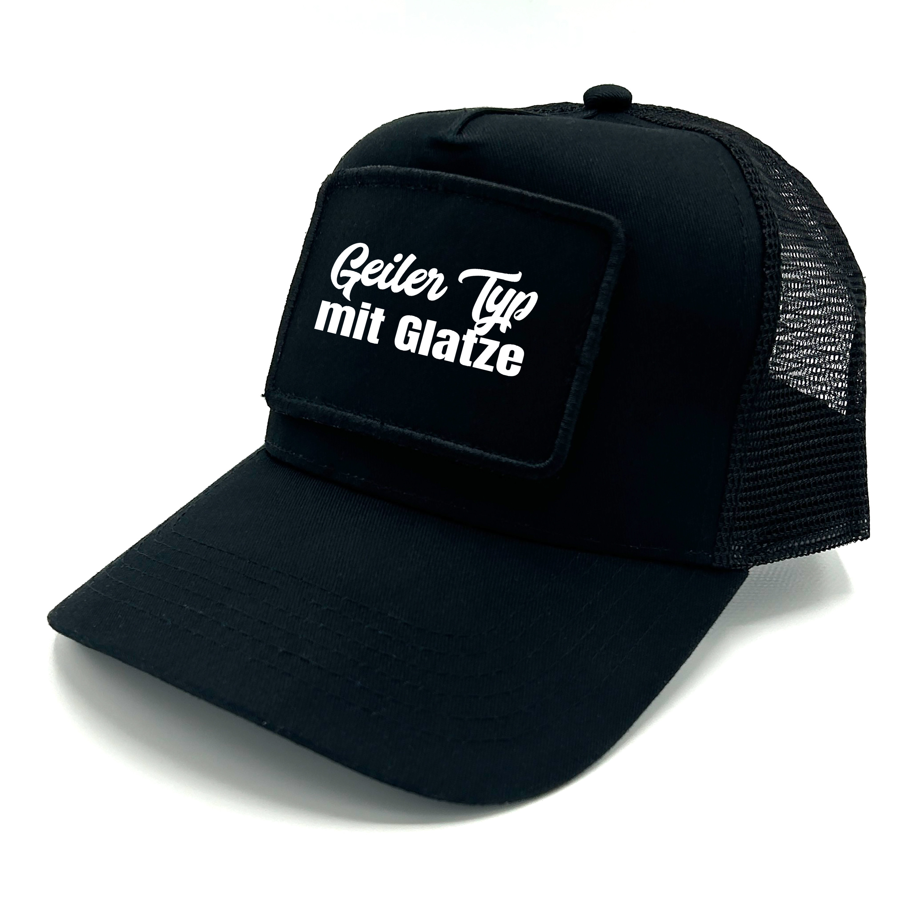 Trucker Mesh Cap mit Spruch auf Patch | Geiler Typ mit Glatze | Farbwahl | Unisex Baseball Mütze | hochwertiger Druck | OneSize durch verstellbaren Klipp-Verschluss |