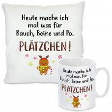 Kissen oder Tasse mit Motiv - Bauch Beine Po