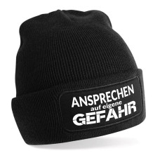 Beanie Strickmütze mit Spruch | Ansprechen auf eigene Gefahr | Farbwahl | Unisex SoftTouch angenehm weiche und warme Wintermütze | OneSize Einheitsgröße für Erwachsene