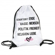 Turnbeutel: Erde /  Rasse :  Mensch / Politik : Freiheit / Religion : Liebe